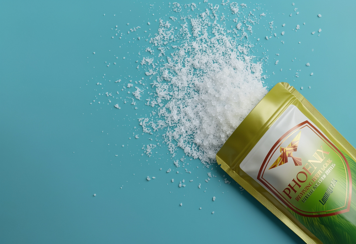 Phoenix bath soak spilling from the pouch